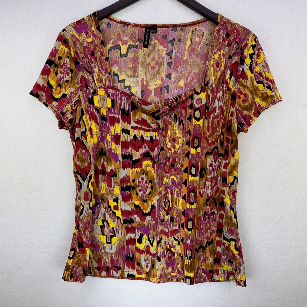 Susan Lawrence Top Sz L Multicolor Top Square neckline short sleeves